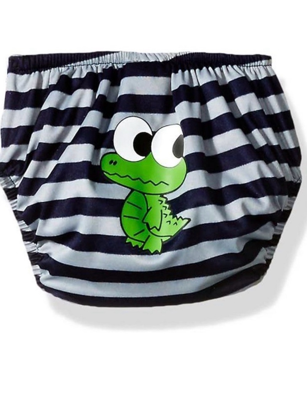 Striped Navy Swim Diaper Cover with Green Crocodile Graphic
